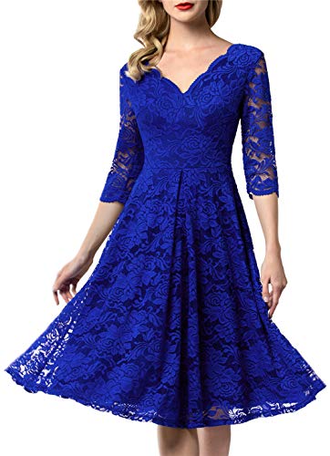 Aonour 0056 Women's Vintage Floral Lace Bridesmaid Dress 3/4 Sleeve Wedding Party Midi Dress RoyalBlue XS