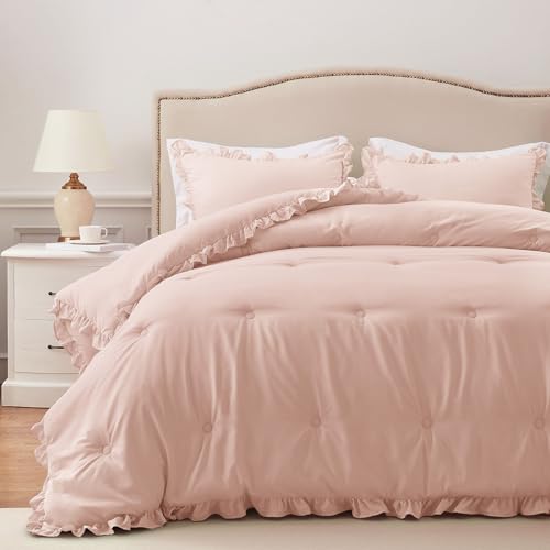Image of HARBOREST King Comforter Set Blusher - Ruffle Comforter for King Size Bed, Fluffy King Size Comforter Set for All Seasons, 3 Pieces Shabby Chic Bedding Comforter Set(1 Comforter & 2 Pillow Shams)