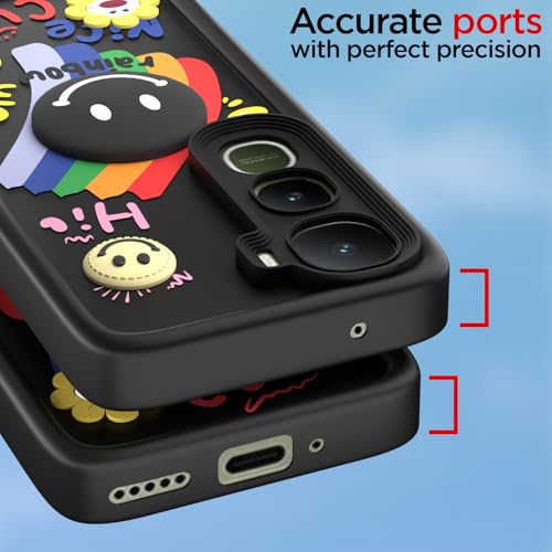 Image of Pikkme Back Cover for Vivo Y400 Pro 5G | Soft Silicone| Cute Rainbow Smile & 3D Cartoon Flower Design | Shockproof Raised Camera Protection Bumper Case (Black)
