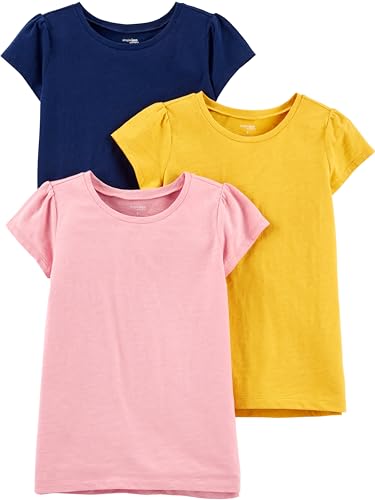 Simple Joys by Carter's Girls' Short-Sleeve Shirts and Tops, Pack of 3, Mustard Yellow/Navy/Pink, 4T