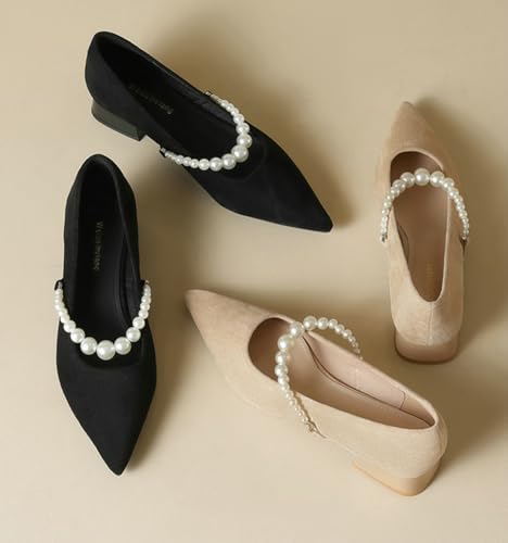 Suede Mary Jane Shoes Women Chunky Low Heels Pearl Strap Pumps Flat Shoes Dressy Pointed Toe Ballet Flats Causal Slip on Daily Dress Shoes4