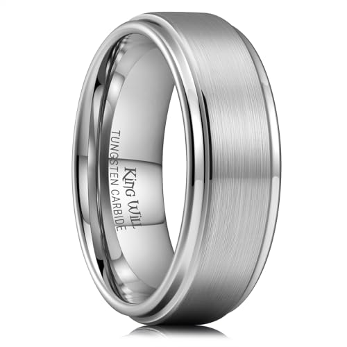 King Will 8mm Silver Wedding Band for Men, Brushed Two Tone Tungsten Carbide Ring Step Edge Polished Finish Rings, Comfort Fit, Size 11