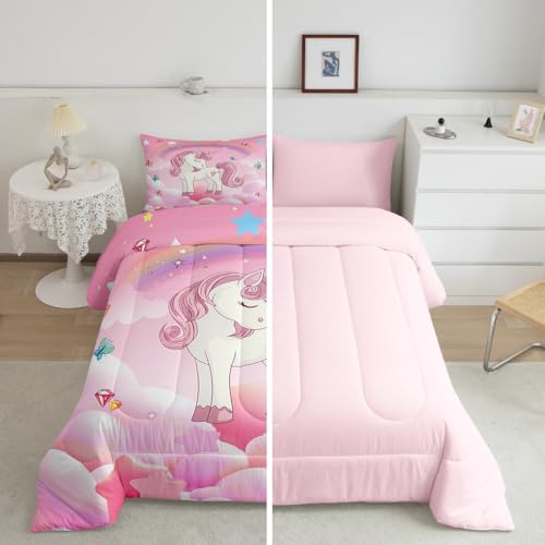 Image of Erosebridal Unicorn Bedding Set for Girls King Size Pink Purple Unicorn Comforter Set with Rainbow Diamond Galaxy Stars Fantasy Girls Room Decor Rainbow Unicorn Duvet Insert Reversible Quilt