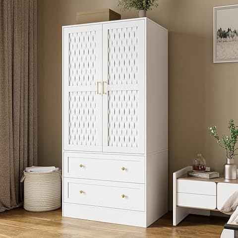 PAKASEPT Armoire Wardrobe Closet with 2 Woven Doors, Armoire Storage Closet Cabinet with Drawers, Hanging Rod, Freestanding Wooden Armoire Wardrobe for Bedroom Cover