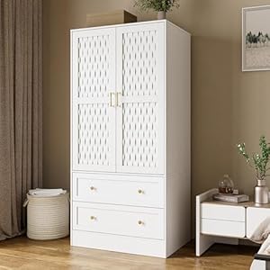 PAKASEPT Armoire Wardrobe Closet with 2 Woven Doors Armoire Storage Closet Cabinet with Drawers Hanging Rod Freestanding Wooden Armoire Wardrobe for Bedroom