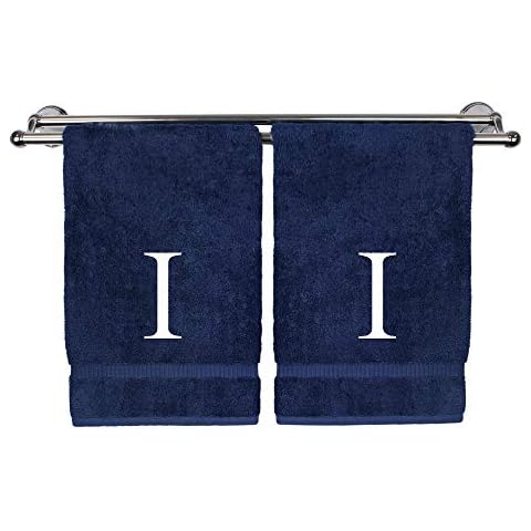 Monogrammed Hand Towel, Personalized Gift, Set of 2- White Block Letter Embroidered Towel - Extra Absorbent 100% Turkish Cotton - Soft Terry Finish - Initial I Navy Cover