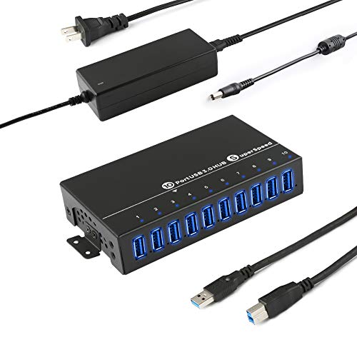UUSTK 10 Port Powered USB 3.0 Charging Hub Aluminum - USB Hub Charger - Multiple Port Splitter Hub - USB Port Expander with 12V/5A 60W Power Adapter Mounting Bracket for Laptop PC Phones Mac Miner