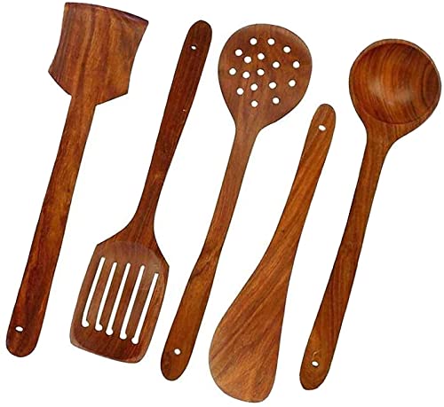 Image of UMDA Handicraft Wooden Non Stick Spatulas, Ladles Mixing and Turning Handmade Wooden Serving and Cooking Spoon Kitchen Utensil Set of 5