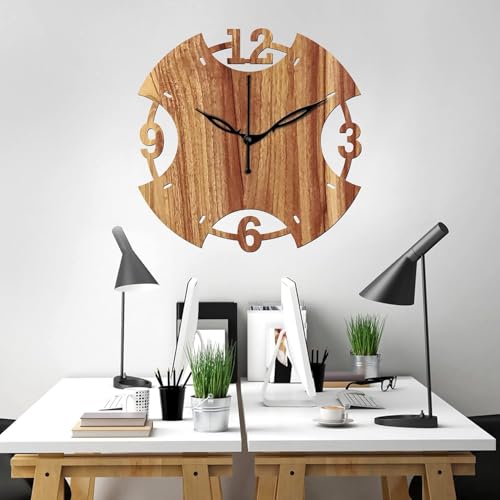 Image of SKYVILLA 12 Inch Wooden MDF Round Analog Wall Clock with English Numerals | Silent Quartz Movement | Lightweight Without Glass Design (Beige)