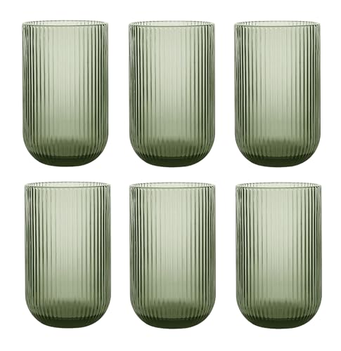 6er-Set Geriffelte Trinkgläser und Weingläser, Line, Linie Geriffelt, Ribbed, Glas, Longdrinkgläser, Cocktail Gläser mit Prägung, Trinkglas, Weinglas, Wasserglas (Grün Trinkglas)