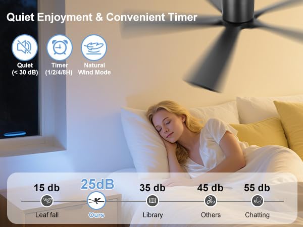 Image of ELEHINSER 52 Inch Flush Mount Ceiling Fan without Light, Low Profile Modern Ceiling Fan with Remote, Quiet DC Motor, 6-Speed, Timer, 5 Solid Wood Blades, Black