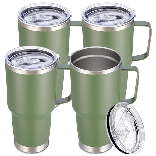 Image of 30 oz Stainless Steel Tumblers Bulk with Handle and Lid, 4 Pack | Powder Coated, Double Wall Vacuum Insulated, Leak Proof Lid, Keep Drinks Cold and Hot, for office, party, camping,Army Green