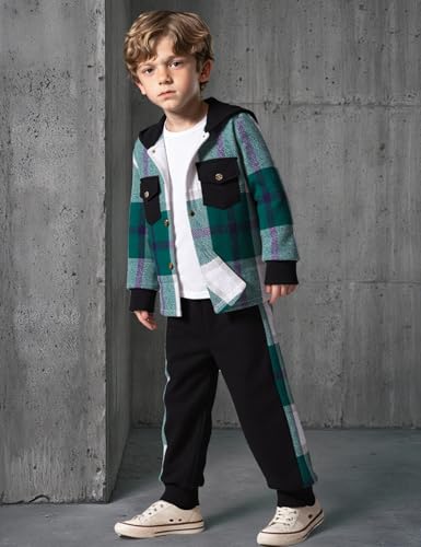 Image of Toddler Boy Clothes Plaid Hooded Shirt White T-shirt Top and Solid Color Pants 3Pcs Winter Boys Clothes