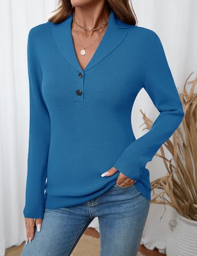 Image of LOMON Sweaters for Women 2025 Fall Knitted V-Neck Collared Button Pullover Dressy Casual Long Sleeve Polo Shirts Business