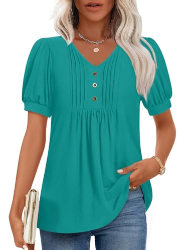Findsweet Women's Summer Tunic Tops Casual Dressy Blouses Short Sleeve Shirts 4XL, Blue-Green