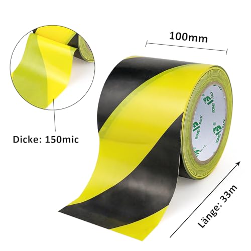 BOMEI PACK Warnklebeband Gelb Schwarz Warnband Gefahr Warnung PVC Für Bodenkennzeichnungen 33m (100mmx33m)