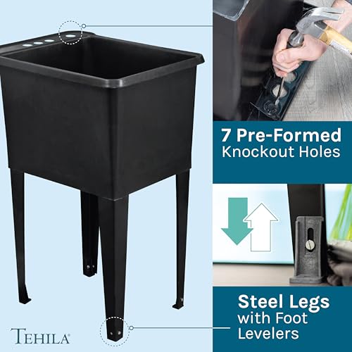 Image of Black Space Saver Utility Sink by JS Jackson Supplies, Freestanding Tehila Space Saving Laundry Tub, Black Pull-Down Faucet, Soap Dispenser