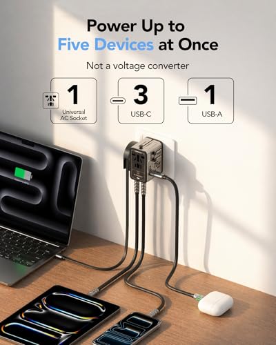 Image of MFish 75W Universal Travel Adapter, 5-Port International Power Adapter with Retractable USB-C Cable, 3 USB-C & 1 USB-A + AC Outlet, Worldwide Wall Charger for MacBook, iPhone, iPad, EU /UK /US /AUS, Grey