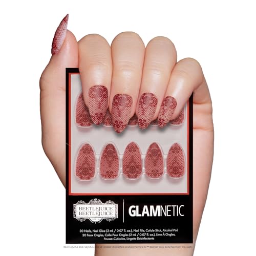 Beetlejuice Beetlejuice x Glamnetic Press On Nails - Lydia | Short Almond Red Lace 3D Nails in a Matte Finish | 15 Sizes - 30 Nail Kit with Glue