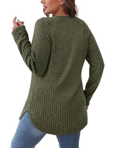 Image of Saloogoe Long Sleeve Shirts for Women 2025 Fall Clothes Tunic Tops Loose Fit Dressy Crewneck Pullover Sweaters Curved Hem