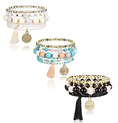 Udalyn 3 Sets Bohemian Stackable Bead Bracelets for Women Men Multilayered Bracelet Set Pendant Tassel Charm Stretch Bangles