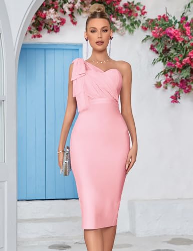 Image of Mesh One Shoulder Bow Bodycon Midi Graduation Birthday Dinner Dress Bandage Party Dress