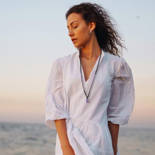 COAI Handmade 108 Beads Mala Necklace for Women, Green Aventurine/Amethyst Onyx 7 Chakra Necklace for Women2