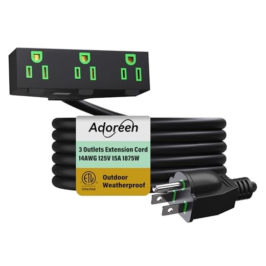 Adoreen Outdoor Power Extension Cord 25 Ft with 3 Outlets Multiple, 3 Prong 14 AWG Grounded Wire Heavy Duty Weatherproof Electric Cable for Indoor Christmas Light Lamp, 15A 125V 1875W, SJTW-ETL