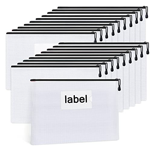 Sooez 20 Pack Mesh Zipper Pouch Document Bag with Label Pocket, Plastic Zip File Document Folders, Letter Size A4 Size Zipper Document Bag Zip Document Pouch for School Office Supplies, Black