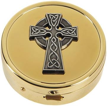 CB Catholic Celtic Cross Embossed Solid Polished Brass PYX with Drawstring Burse
