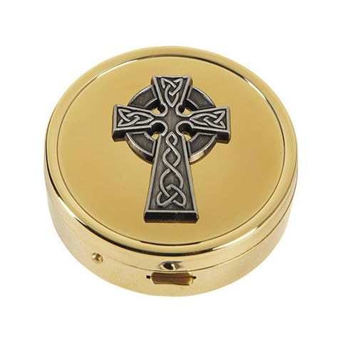 CB Catholic Celtic Cross Embossed Solid Polished Brass PYX with Drawstring Burse Cover