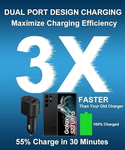 Image of Original Samsung Super Fast Dual Car Charger (45W+15W) with Fast Charging Cable for Samsung Galaxy S22 S21 S20 Ultra Plus Note 10+,Google Pixel,Note 20,Pps Car, Black (DEC17)