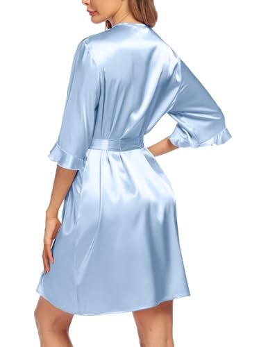 Image of Ekouaer Women's Satin Robe Valentines Lingerie for Women Kimono Bathrobe Short Ruffle Belted Robes Bridesmaids Sleepwear