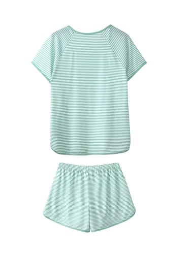 Image of Hilinker Women Striped Pajama Set Short Sleeve Top with Shorts Sleepwear Pjs 2 Piece Lounge Sets
