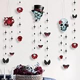 Cheerland Skull Rose Halloween Decorations Red Rose Skull Garlands Gothic Party Decorations Hanging Skeleton Streamers Witchy Decor Gothic Birthday Decoration Spooky Red Black Skull Banner Supplies
