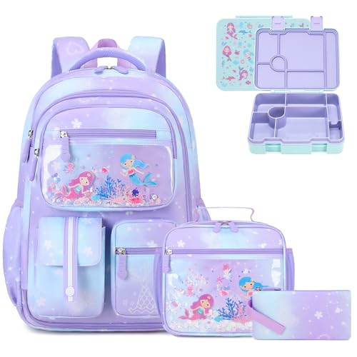 ACESAK Kids Mermaids Bookbag Backpack with 43OZ Bento Lunch Box, Lunch Bag for Teens Elementary Middle School Student, Girls Backpack for School (4pcs Bento Box)
