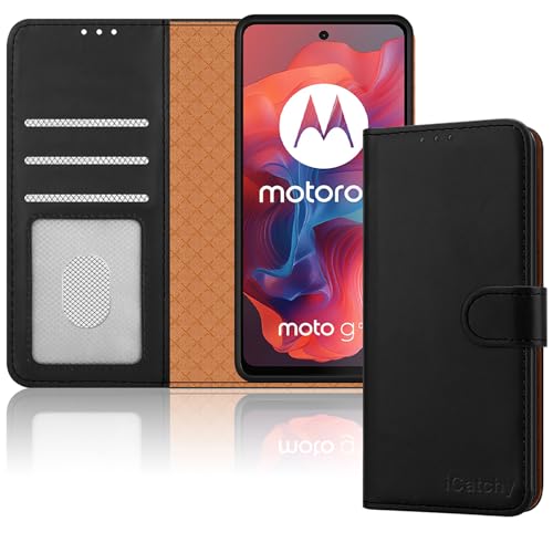 iCatchy Case for Motorola Moto E14 / G04 / G24 Leather Wallet Book Flip Stand View Magnetic Protect RFID Blocking Shockproof Cover compatible with Motorola G04 / E14 Phone (Black)