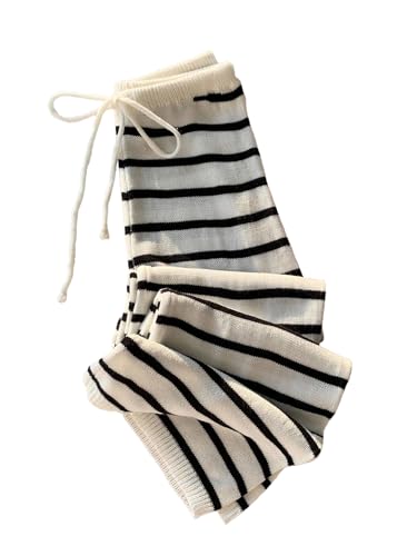 WDIRARA Women's Striped Knit Sweater Pants Drawstring Waist Straight Leg Casual Trousers Black and White Large
