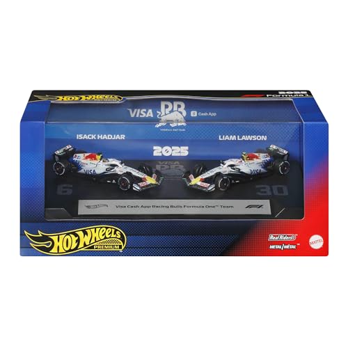 Hot Wheels Premium Voitures Miniatures, Voitures de Course Visa Cash App Racing Bulls Formula One Team à l’échelle 1/64 : Liam Lawson et Isack Hadjar, JMM94