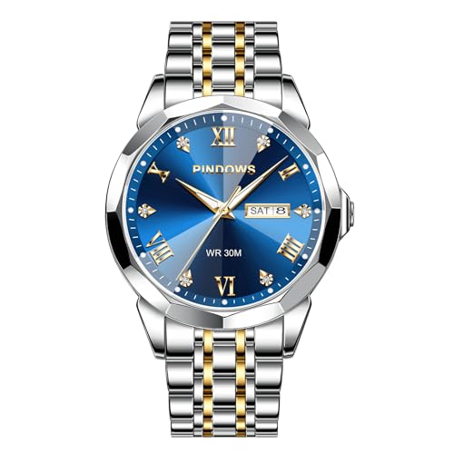 PINDOWS Watch for Men Diamond Business Dress Analog Quartz Wrist Watch Luxury Waterproof Luminous Date Two-Tone Stainless Steel Band Classic Fashion Men Watches