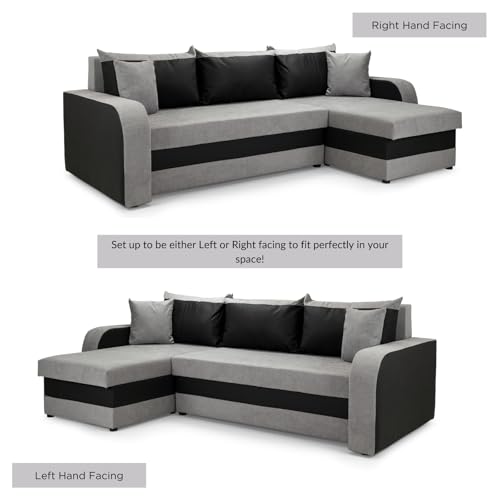 Honeypot Sofabed - Kris Universal Corner Sofa Bed with Storage - Black and Grey Fabric Couch with Pull Out Double Sofa Bed | Setup Included | Made in EU | Built to Last (Black/Grey)
