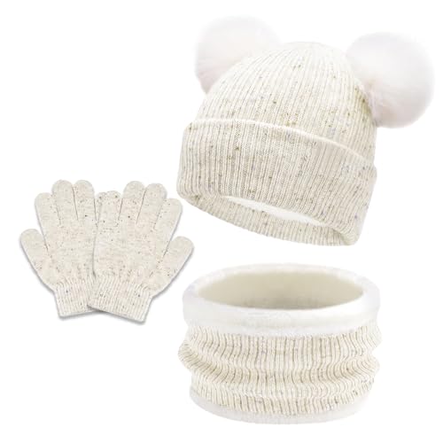 JFAN 3in1 Sombrero de Invierno Bufanda y Guantes para Niños Gorro de Punto para Bebés y Niños Pequeños Sombrero de Doble Pompón para Niñas y Niños 1-8 Años(B-Blanco,Talla única)