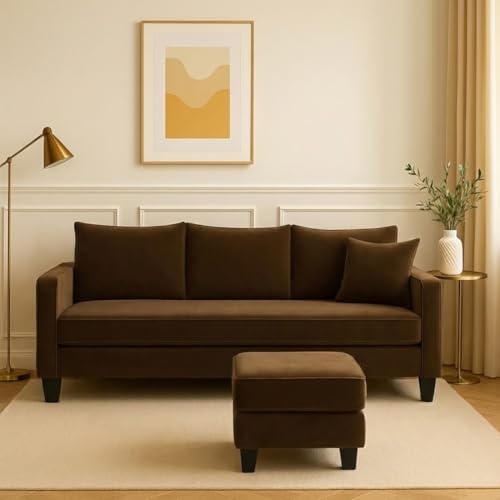 Image of FURNY Conva 4 Seater L Shape Sofa Set with Movable Ottoman | Flexible Left or Right Layout | Plush Velvet Fabric (Dark Brown) | Perfect for Living Room, Guest Room & Office