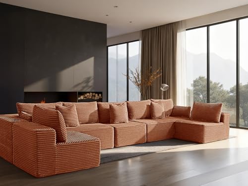 Image of 168 inch Cloud Sectional Couch, Comfort U Shaped Sofa for Living Room, Extra Deep Seats No Assembly, Minimalist Modular Couch, Corduroy (Deep Orange, 7 Seats,U-Shape B)