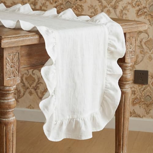 HunnmingRe White Ruffled Table Runner 72 inch Scalloped Table Runner Cotton Flounces Washable Shabby Farmhouse Rustic Home Kitchen Decoration for Wedding Rectangle Bride Shower Christmas Party