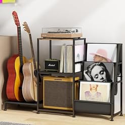 Wisdom Star Guitar Stand for Multiple Guitars with Amp Shelf and Table, 3-layer Vinyl Record Storage Rack, Display Rack for Music Room - Les Beatles, Paul McCartney, John Lennon, RIngo Starr, George Harrison