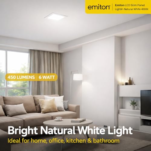 Image of EMITON LED Slim Panel Light | 6W Square Ceiling Panel Lamp | Natural White 4000K | 450Lm LED Output | Aluminium Body | Indoor False Ceiling Light for Home Office Kitchen Bathroom | White