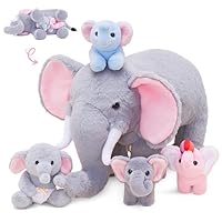 OUOZZZ Elephant Teddy – 14\" Plush Toy, Mother with 4 Babies – Soft Elephant Toy for Boys & Girls, Birthday, Christmas & Easter Present