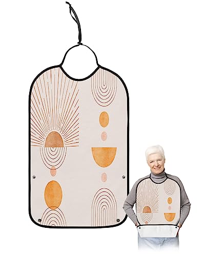 Contour Geometric Adult Bibs for Eating, Waterproof Bibs with Food Catcher & Adjustable Snap Closure, Orange Modern Simple Art Splicing Washable Clothing Protectors Adult Bibs for Elderly Women/Men