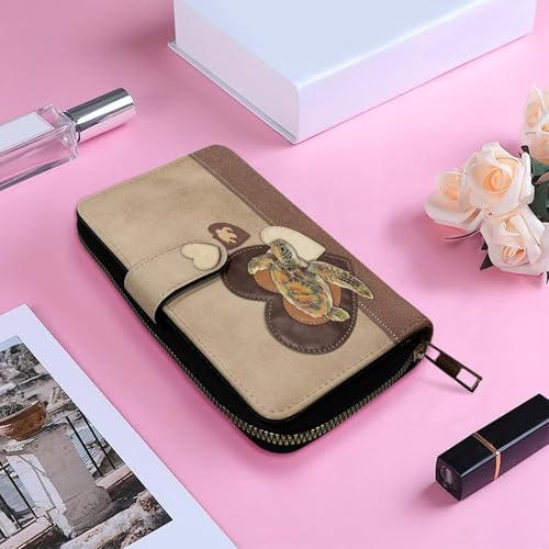 Image of COEQINE Ladies Wallets Pink Leopard Heart Black Printed Leather Phone Long Clutch Purses Check Coin Change Holder